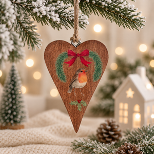Christmas Robin Mango Wooden Hanging Heart