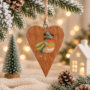 Christmas Robin Mango Wooden Hanging Heart