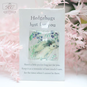 A charming home decor item in packaging, featuring an illustration of a hedgehog surrounded by floral elements. The packaging reads "Hedgehugs just for you" with a message below about providing Pocket Hugs with Sentiments as a reminder of care during absence. Background has light pink flowers.