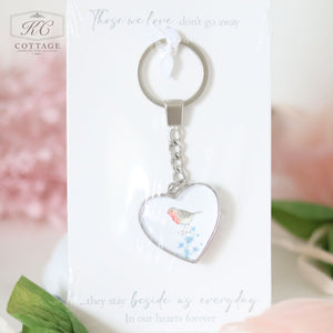 A Glass Forget Me Not Heart Keyring with an illustration of a bird on it is placed on top of a card with an inscription. The card reads, “Those we love don't go away...they stay beside us everyday in our hearts forever.” This charming piece makes a lovely addition to your home decor.