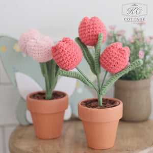 Tulip Hand Knitted Flower Bunch In Small Pot