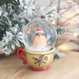Christmas Resin Robin Teacup Snow Globe Ornament