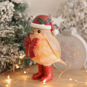 Christmas Robin Ornament With Bow And Hat