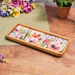 Floral Rectangle Mango Wood Enamelled Tray