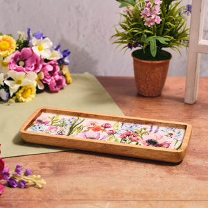 Floral Rectangle Mango Wood Enamelled Tray