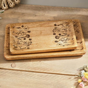Mango Wooden Floral Etched Rectangle Trays
