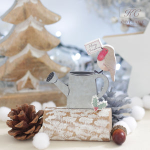 Christmas Robins on Woodland Log watering can