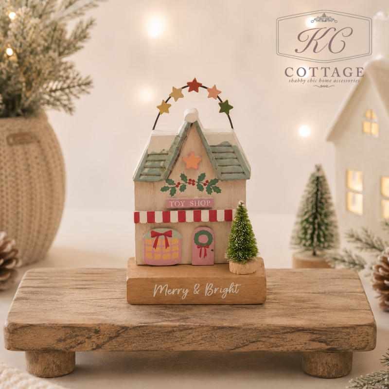 Christmas Village Market Wooden Merry and Bright Christmas House Ornaments
