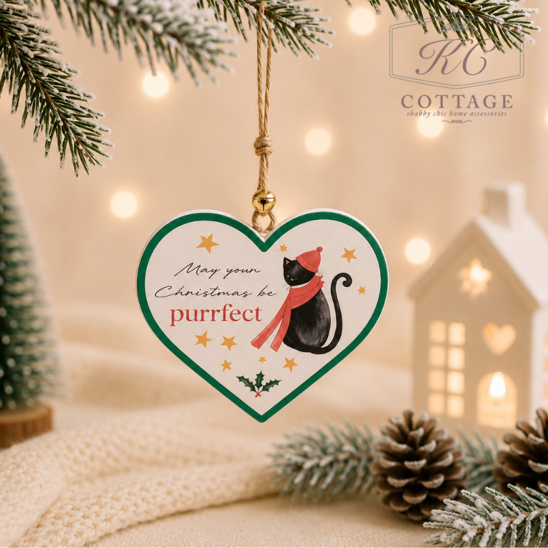 Christmas Wooden Cat Hanging Hearts With Sentiments