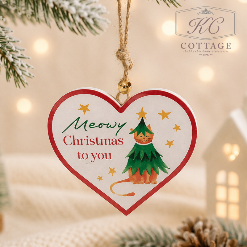 Christmas Wooden Cat Hanging Hearts With Sentiments