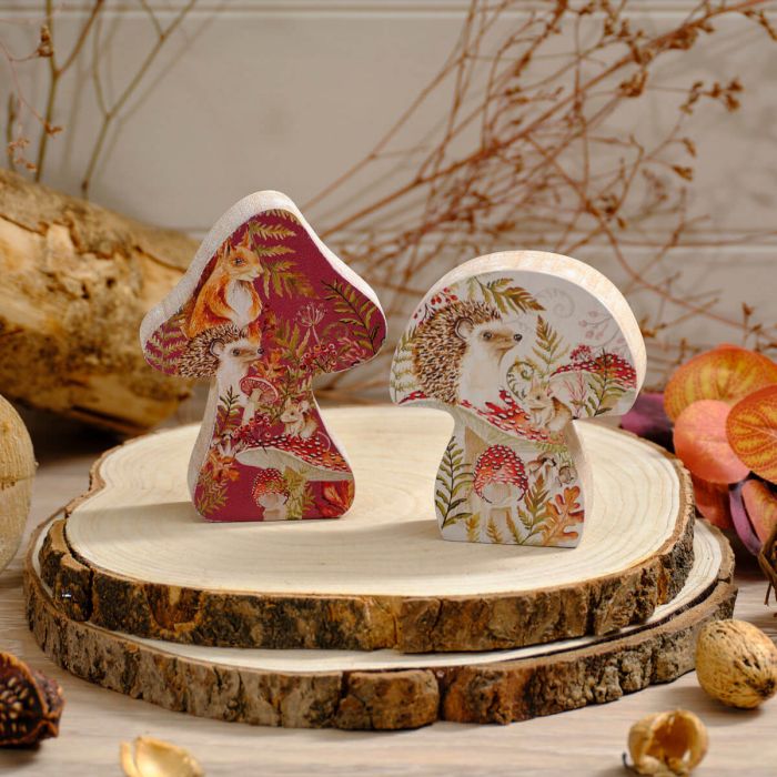 Autumn Toadstool Tales Mushroom Shaped Wooden Ornaments