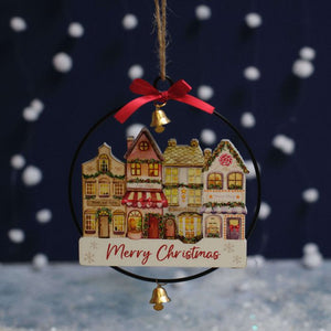 Christmas Village Market Merry Christmas Wooden Round Hanger With Bell