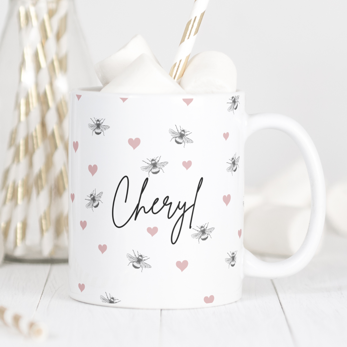 Personalised Pink Heart and Bees Mug