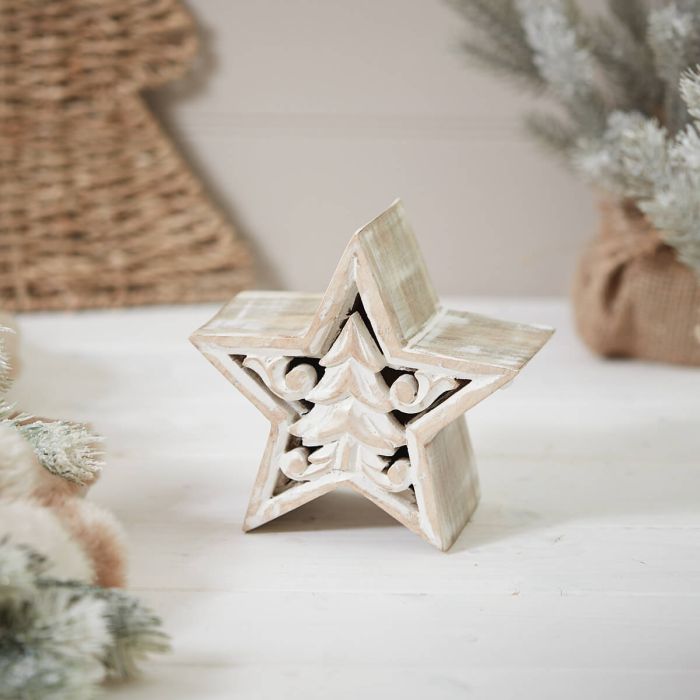 Christmas Mango Wood Carved Star Block Small Whitewashed Finish