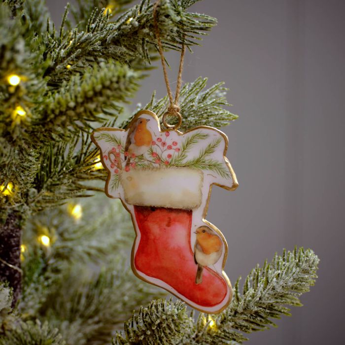 Christmas Metal Shaped Stocking Hanger With Robins