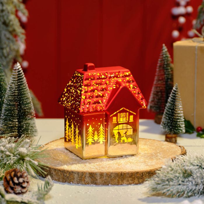 Christmas Red And White Effect LED House With Cut Out Trees