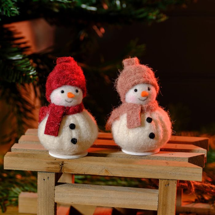 Christmas Sitting Snowmen Red And Dusky Pink Hat
