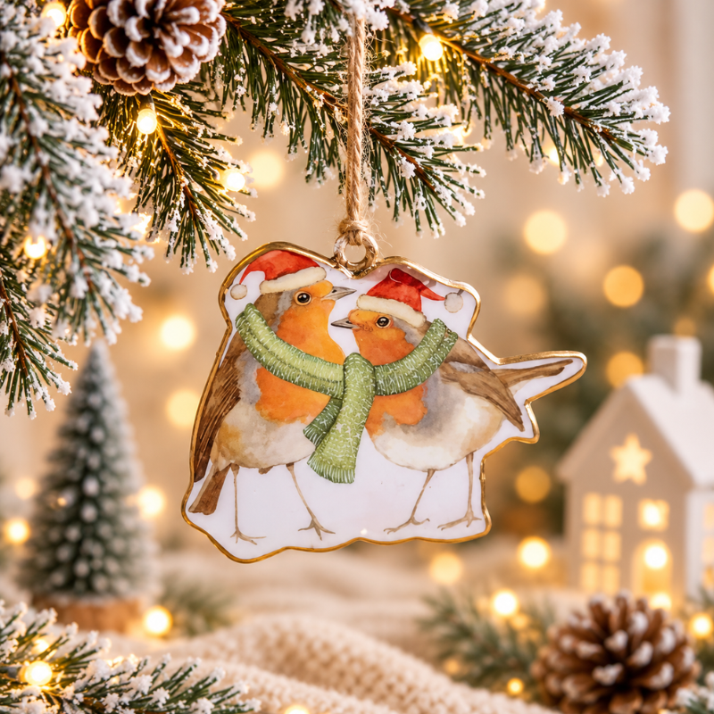 Christmas Metal Robin Couple Hanging Ornament