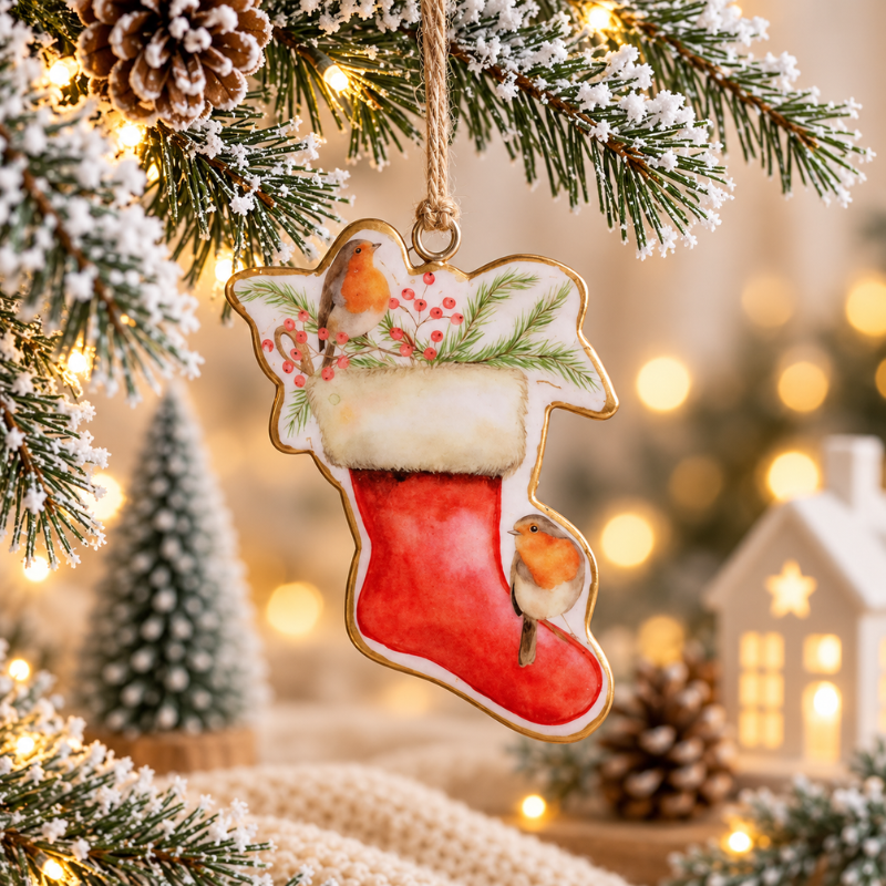 Christmas Metal Shaped Stocking Hanger With Robins