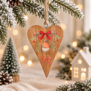 Christmas Robin Mango Wooden Hanging Heart