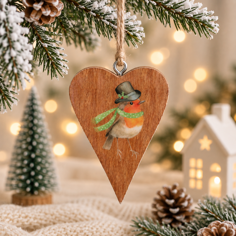 Christmas Robin Mango Wooden Hanging Heart