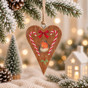 Christmas Robin Mango Wooden Hanging Heart