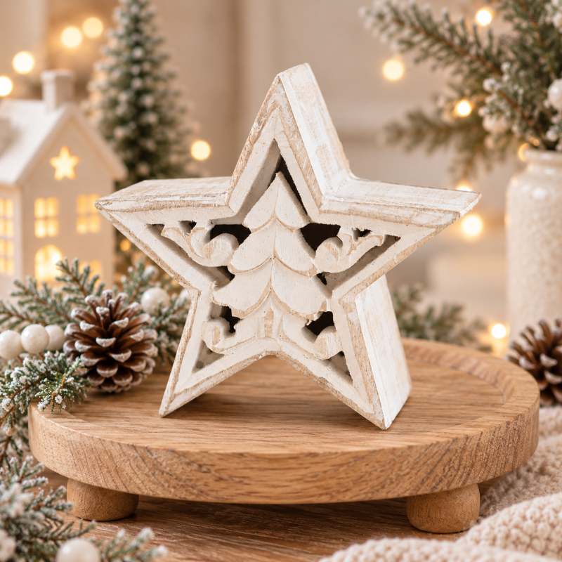 Christmas Mango Wood Carved Star Block Small Whitewashed Finish