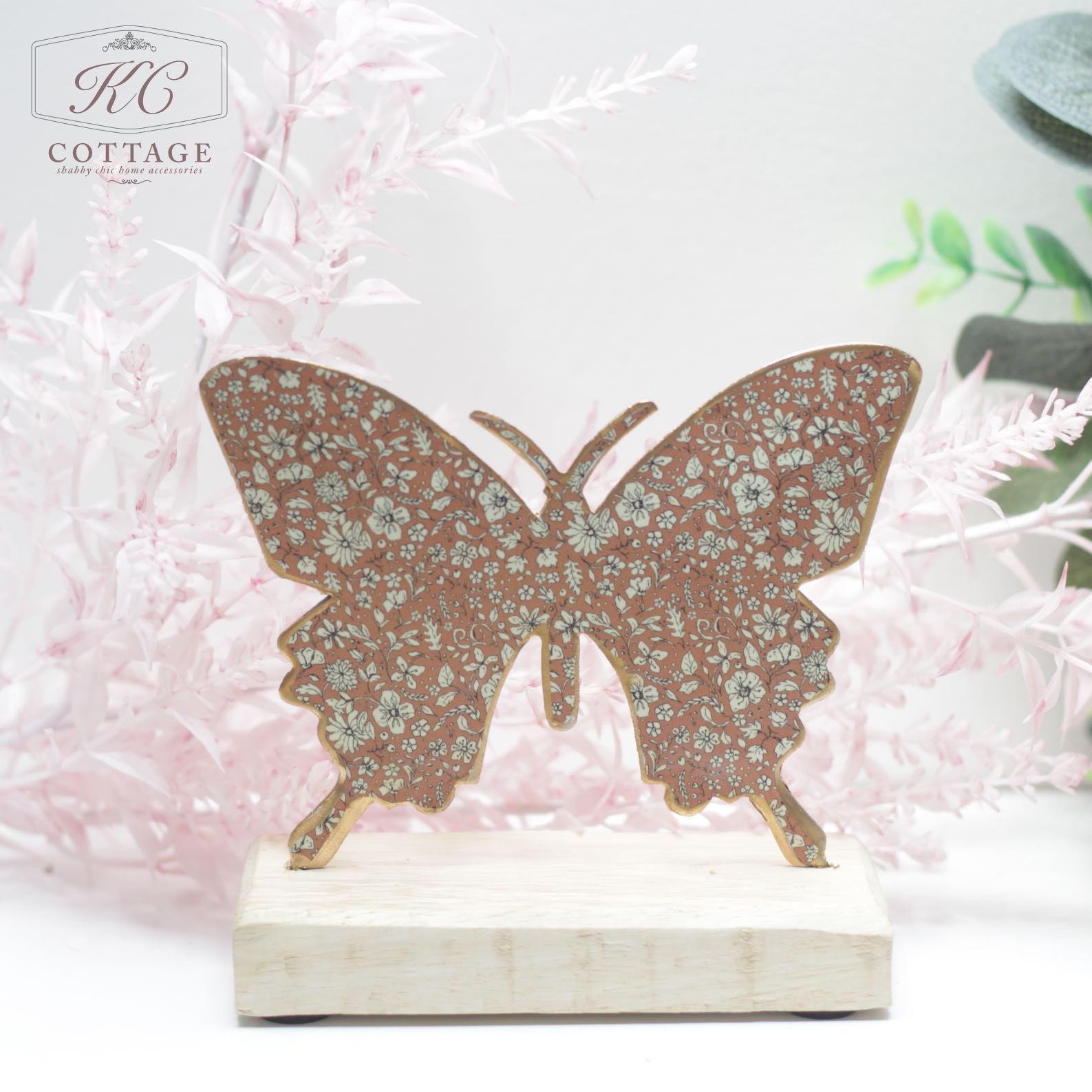 Standing Metal Butterfly On Wooden Base Pink