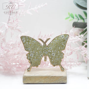 Standing Metal Butterfly On Wooden Base Green
