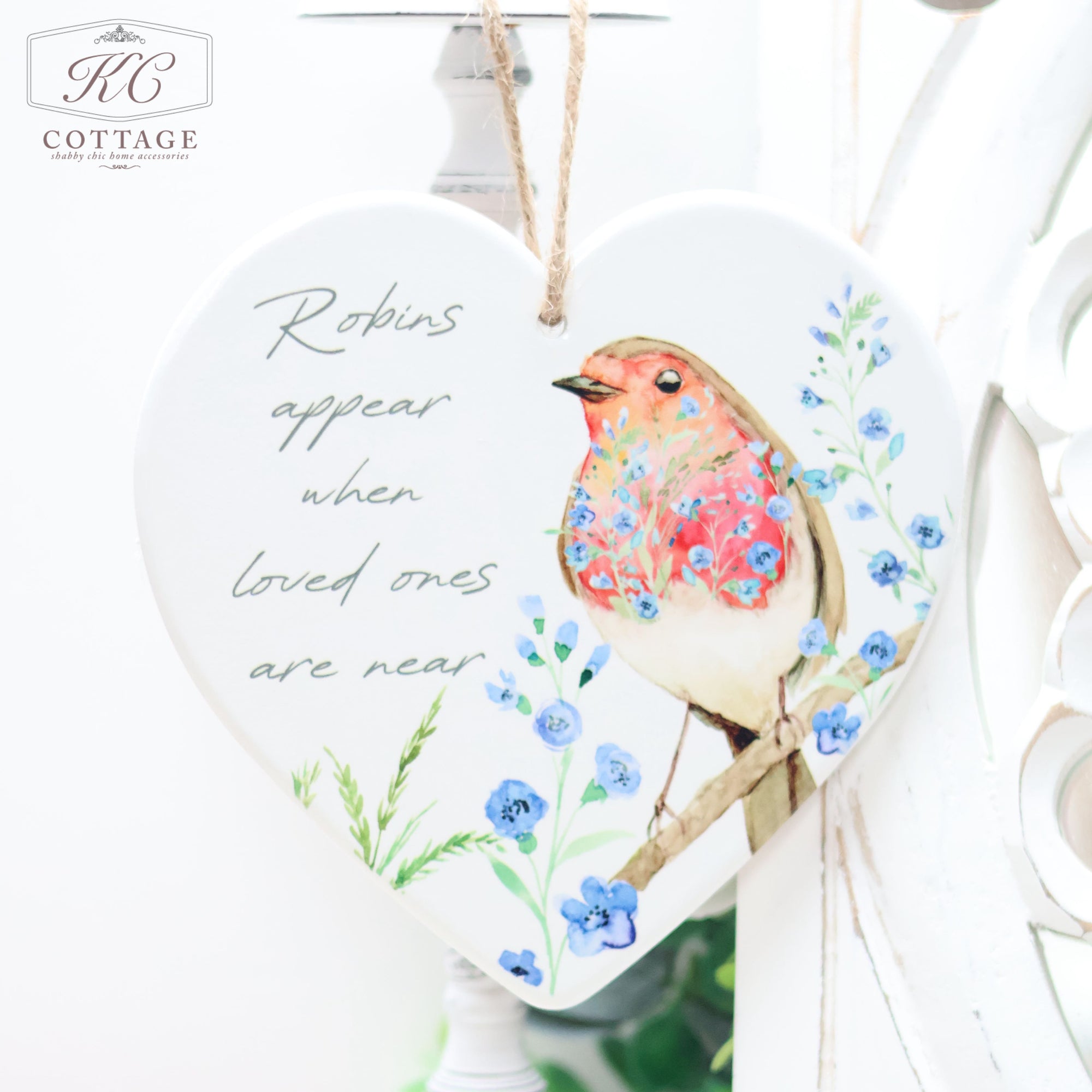Robin Forget Me Not Ceramic Hanging Heart