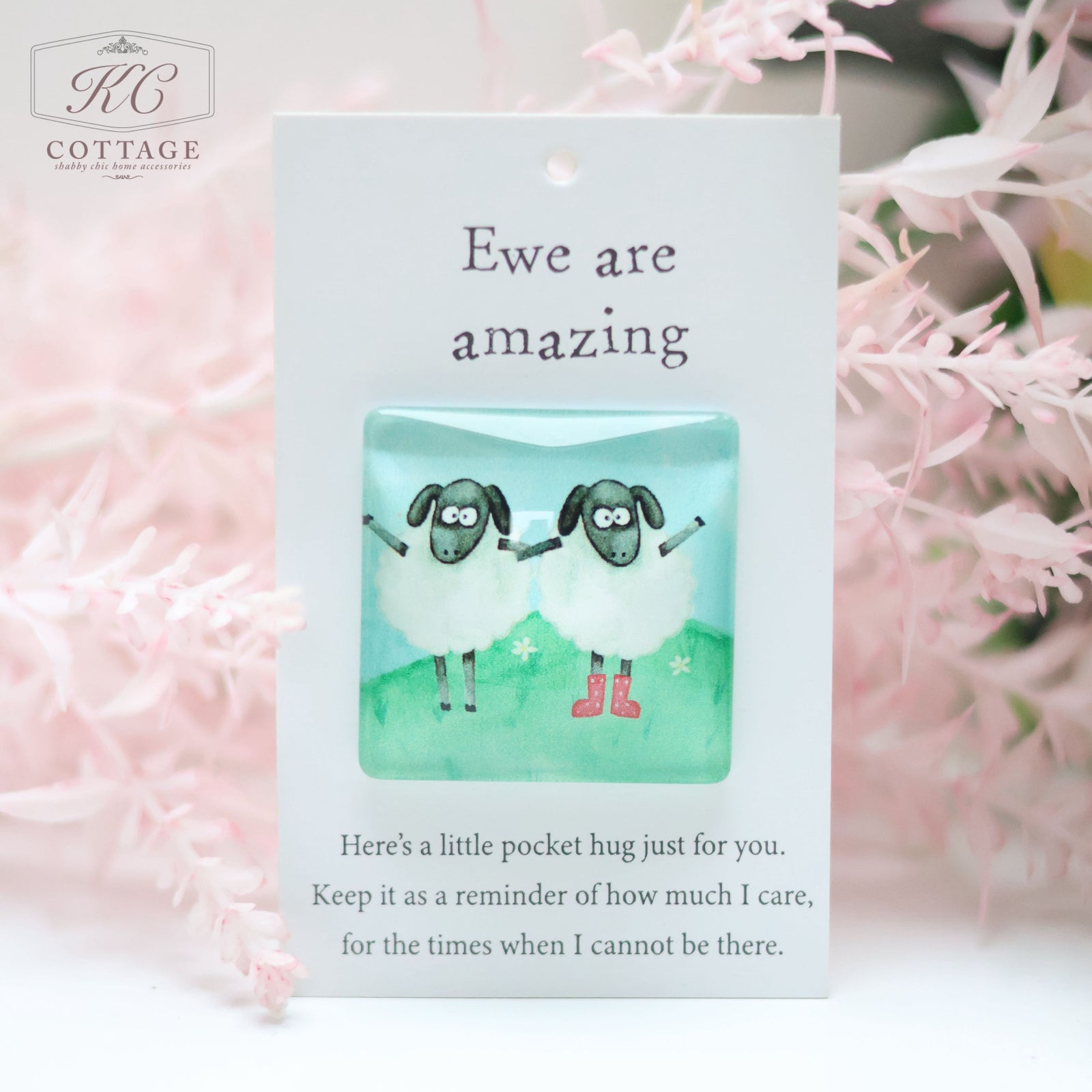 A small card with "Ewe are amazing" written at the top and a small illustration of two hugging sheep beneath it. Below the illustration, a message reads: "Here's a little pocket hug just for you. Keep it as a reminder of how much I care, for the times when I cannot be there." Perfect for Pocket Hugs with Sentiments.