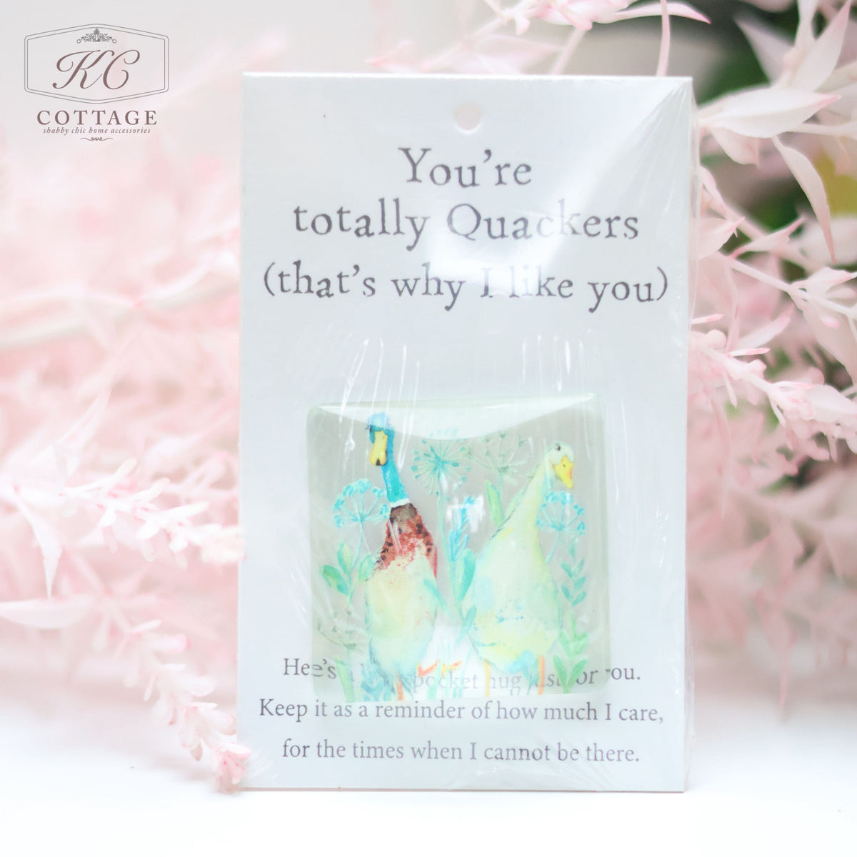 A small Pocket Hugs with Sentiments package with an illustration of a duck in a field of plants. The packaging reads, "You're totally Quackers (that's why I like you)." The Pocket Hugs with Sentiments card includes a note about the importance of keeping it at all times as a reminder of care. Ideal for adding charm to your home decor.