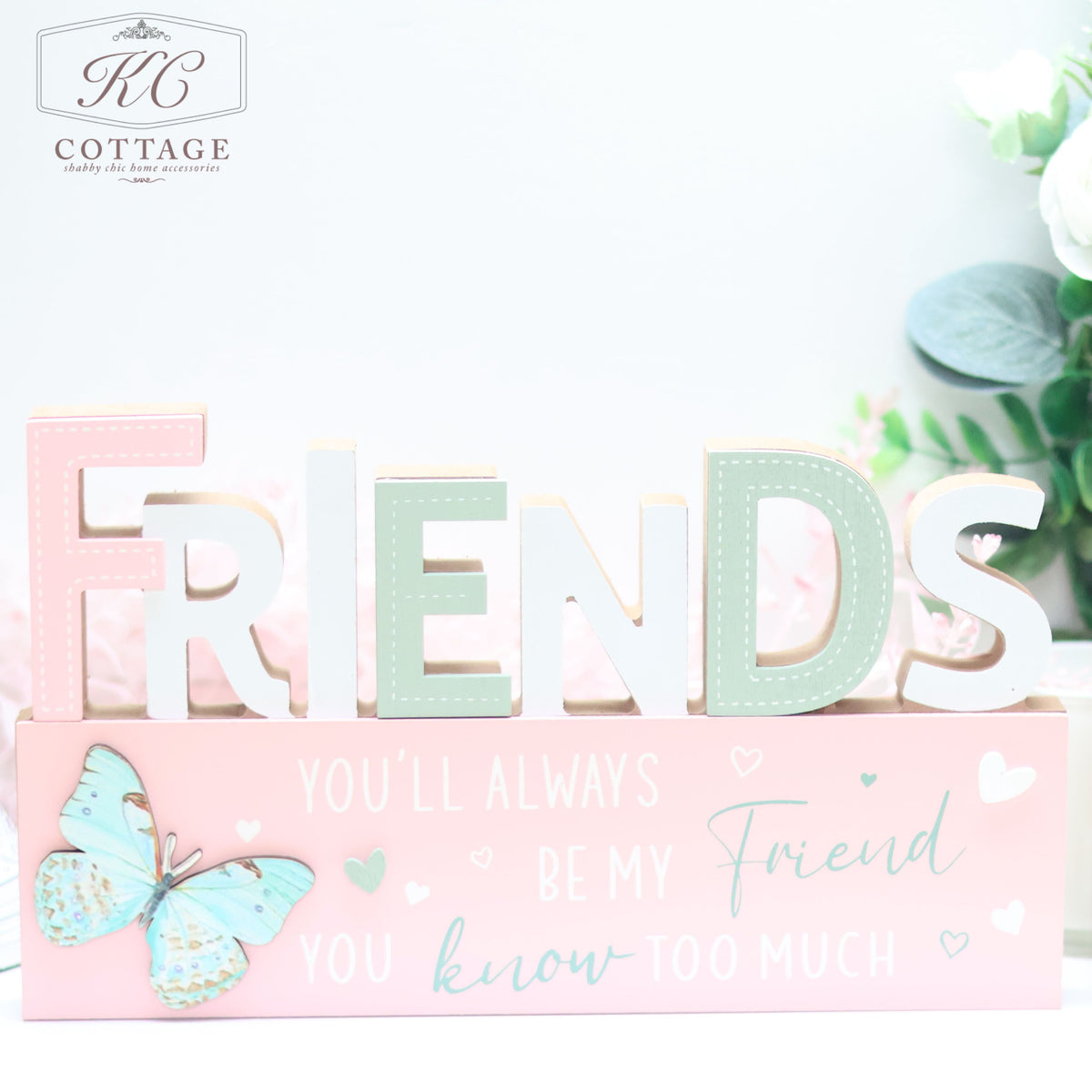 A charming piece of home decor, the Bright Butterfly Wooden Signs - Family, Friend, Home features pastel-colored letters spelling "FRIENDS" and a pink base with the touching phrase "You'll always be my friend you know too much." Adorned with a butterfly and hearts.