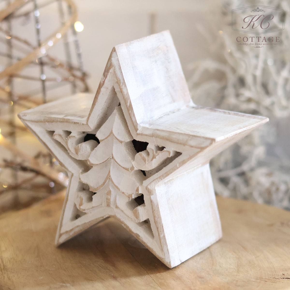 Christmas Mango Wood Carved Star Block Small Whitewashed Finish