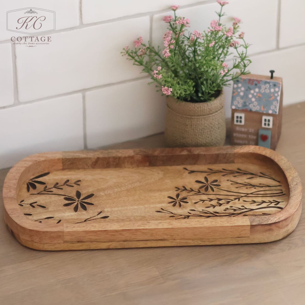 Rustic Wooden Etched Tray with Black Flowers