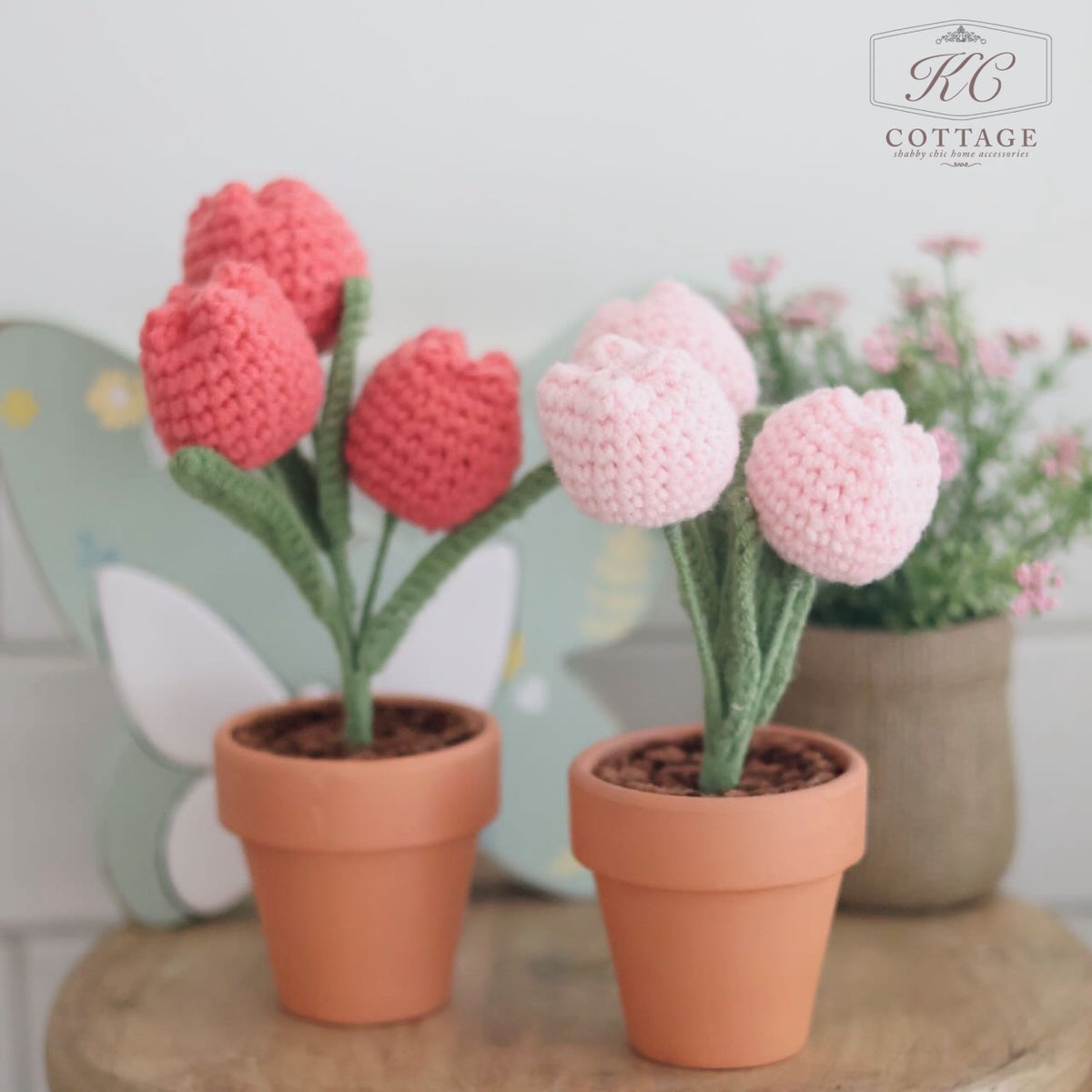 Tulip Hand Knitted Flower Bunch In Small Pot