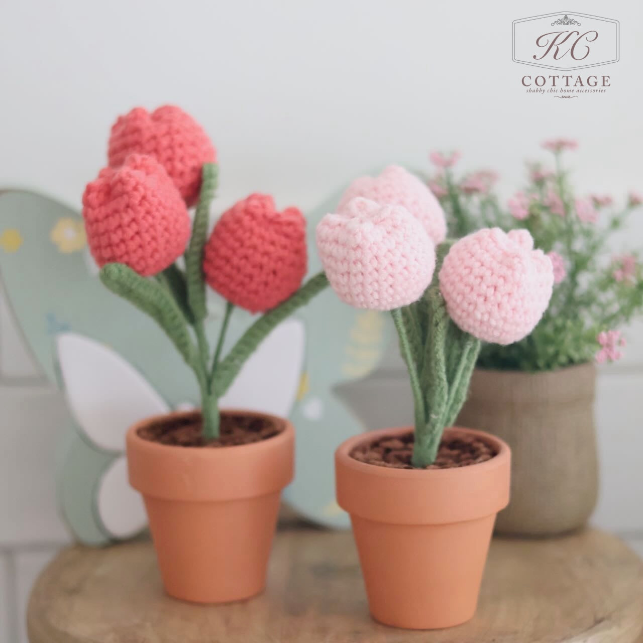 Tulip Hand Knitted Flower Bunch In Small Pot