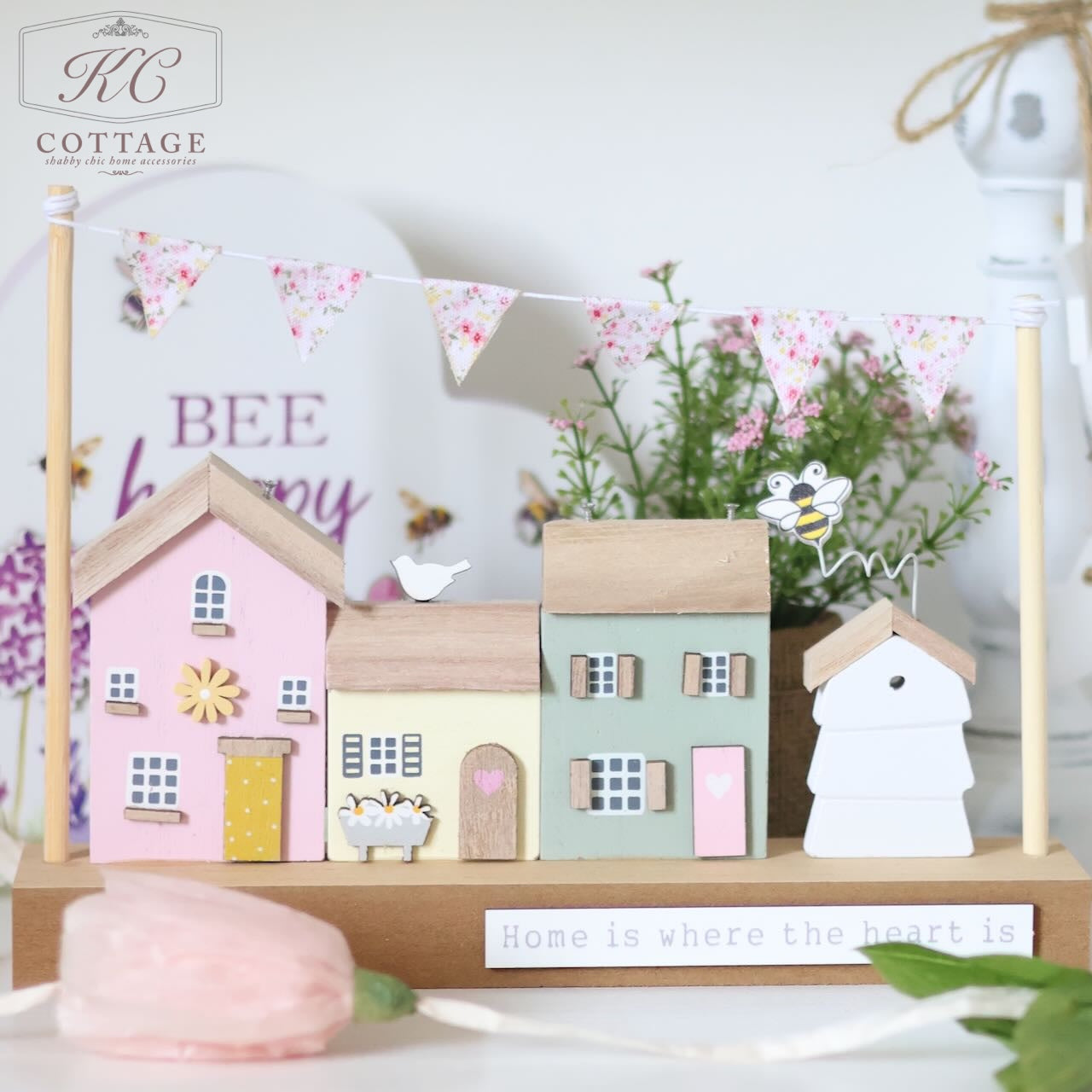 Pastel Wooden Triple Houses Ornament with Bunting
