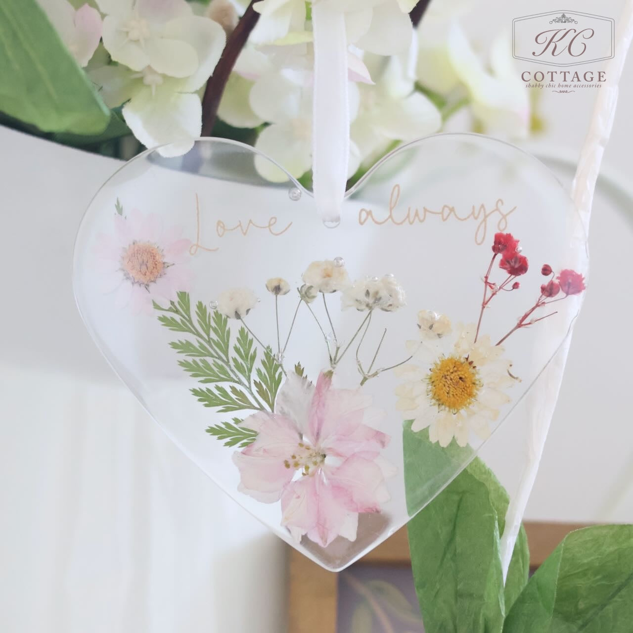 Floral Love Always Resin Hanging Heart With Pressed Dried Flowers