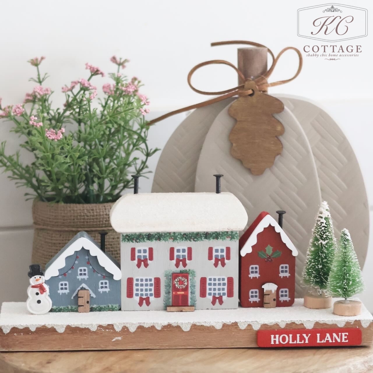 Christmas Cottage Holly Lane Row Of Wooden Houses, Trees And Snowman Block
