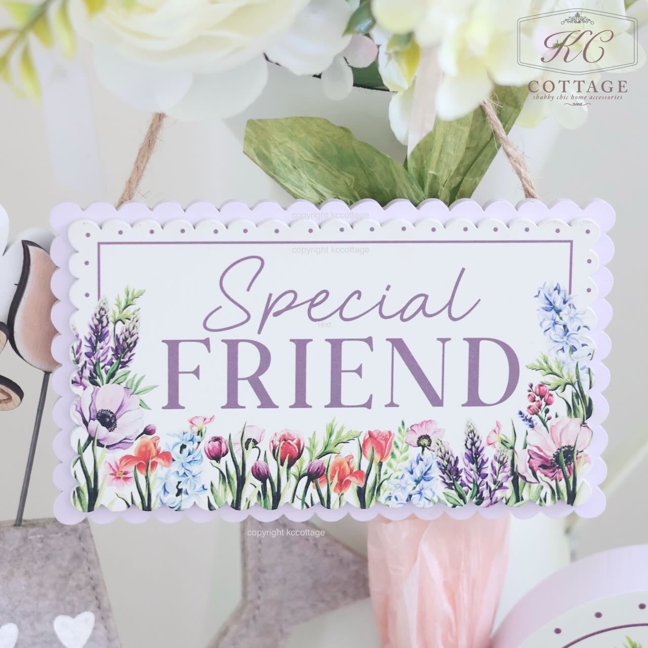 Floral Special Friend Scallop Edge Wooden Hanging Plaque