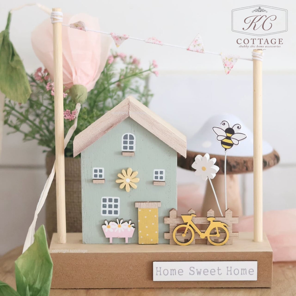 Pastel Wooden Single House Ornament with Bunting