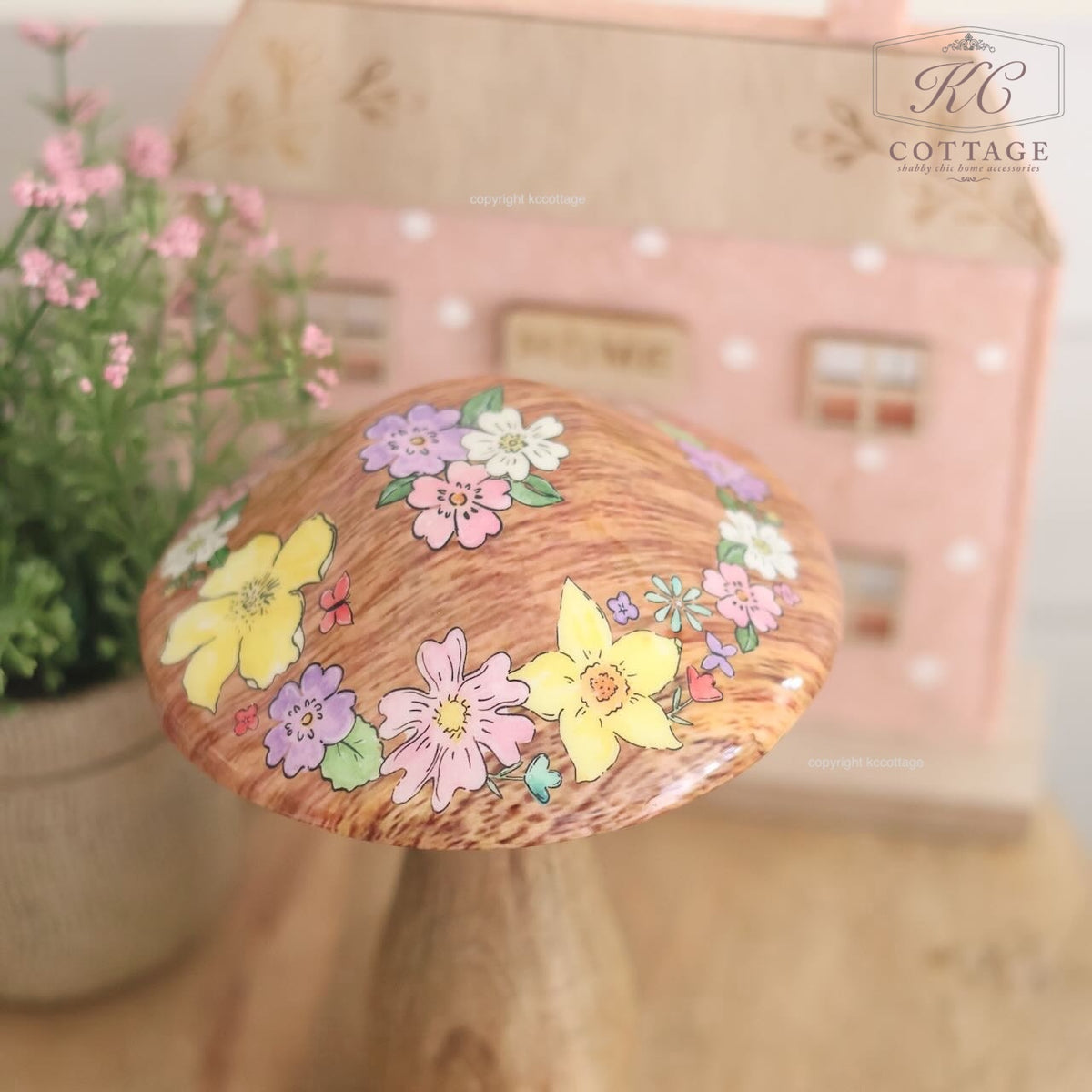 Mango Wood Toadstool Ornament With Flower Design