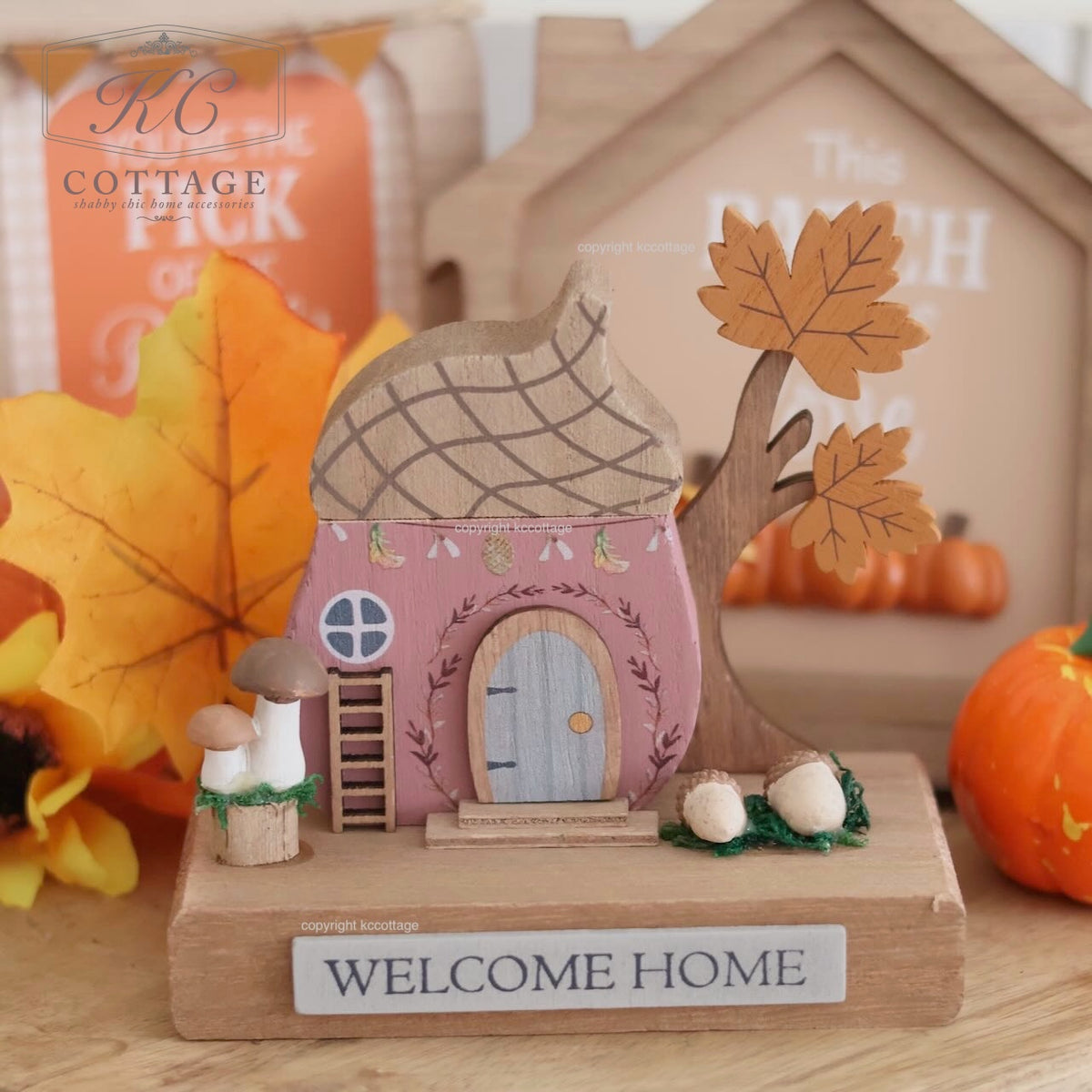 Autumn Toadstool Tales Woodland Welcome Home Wooden House Ornament