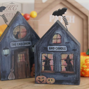 Halloween Wooden Block Houses With Bats