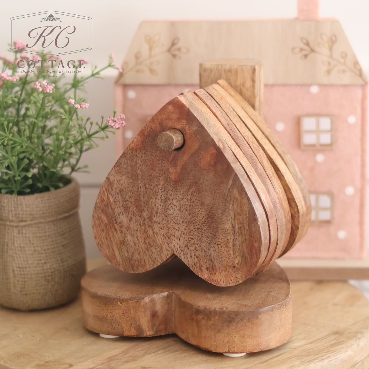 Mango Wooden Heart Shaped Coasters With Display Stand