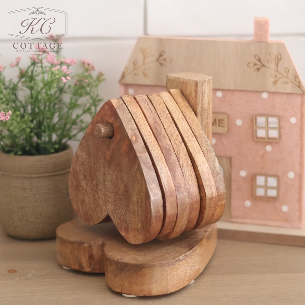 Mango Wooden Heart Shaped Coasters With Display Stand