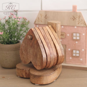 Mango Wooden Heart Shaped Coasters With Display Stand