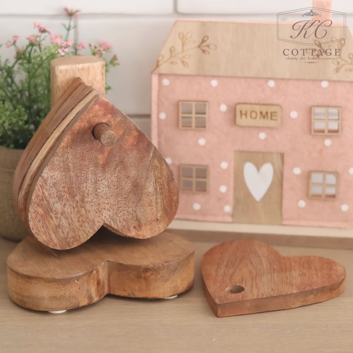 Mango Wooden Heart Shaped Coasters With Display Stand