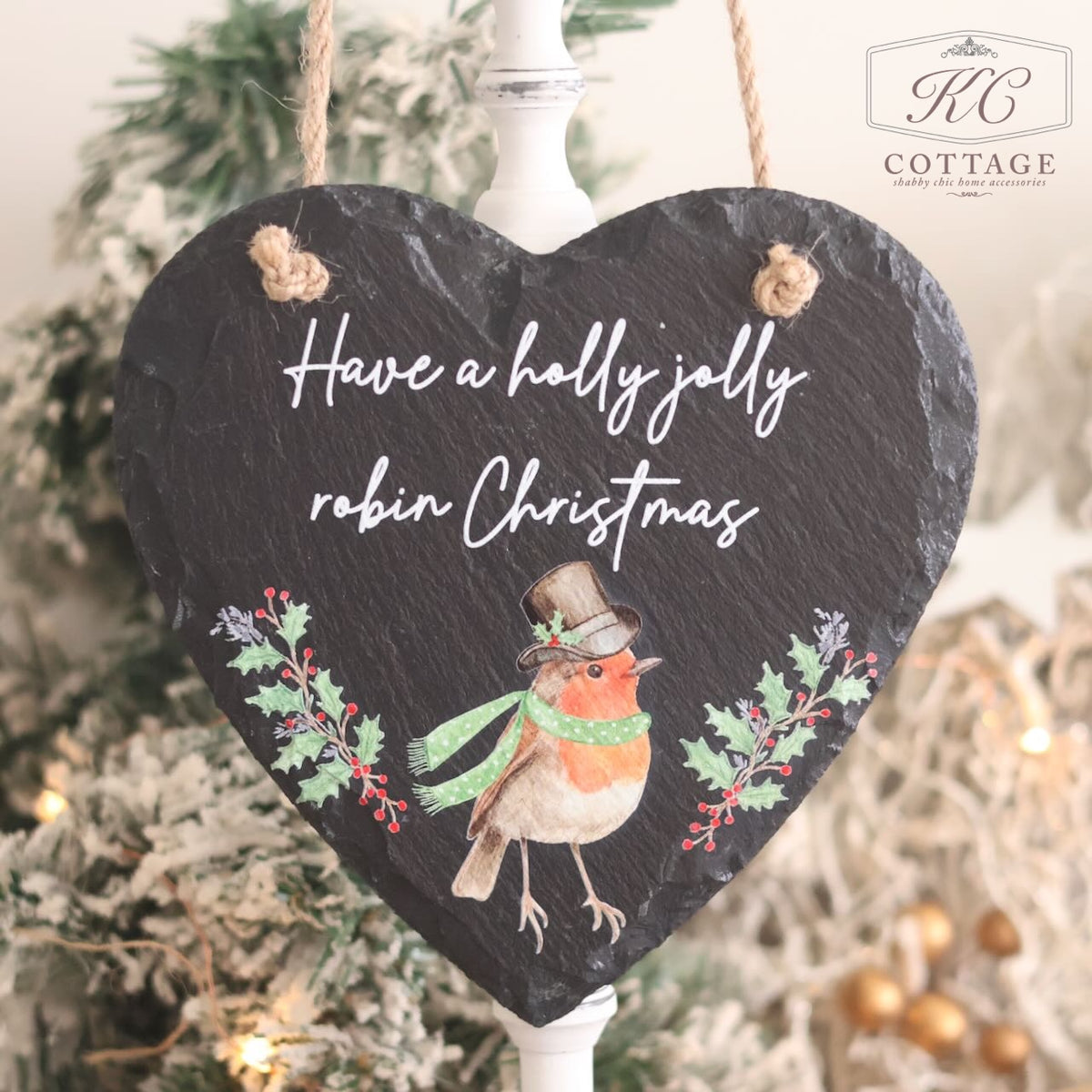 Christmas Robin Slate Hanging Heart